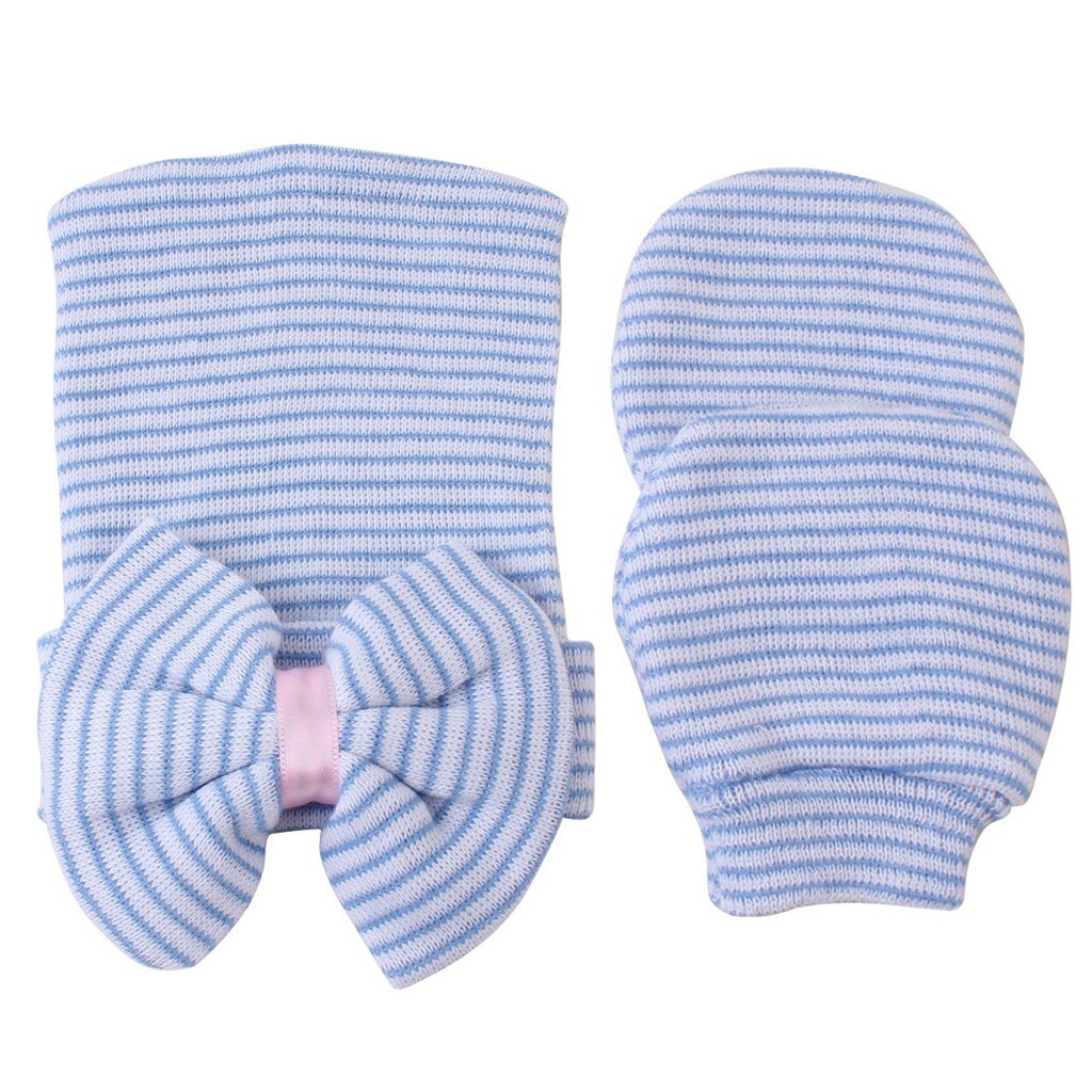 2pcs Boys Winter Hat Glove Newborn Bowknot Stripe Hat Baby Cotton Blend Beanies With 1pair Safety Gloves Теплая Шапка На Девочку