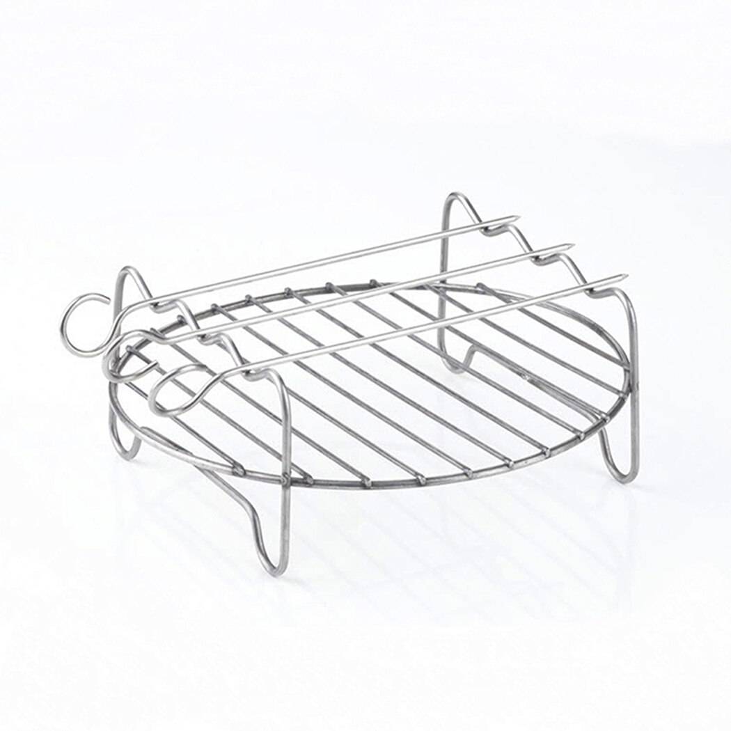 Air Fryer Rack Stainless Steel Double Layer Rack Versatile Round Roasting Stand Barbecue Grill Holder With Skewers Kitchen Tool