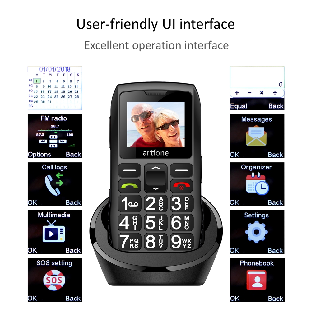 Barra de teléfono móvil para personas mayores Artfone C1 + con base de carga gratuita, teclado de goma grande para personas mayores, doble Sim, una tecla, SOS, FM, 1400mAh