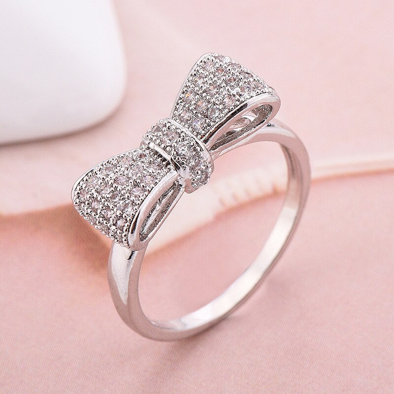 Huitan White Color Sweety Bowknot Rings With Sparkling Cubic Zircon Ring Exquisite Wedding & Engagement Rings