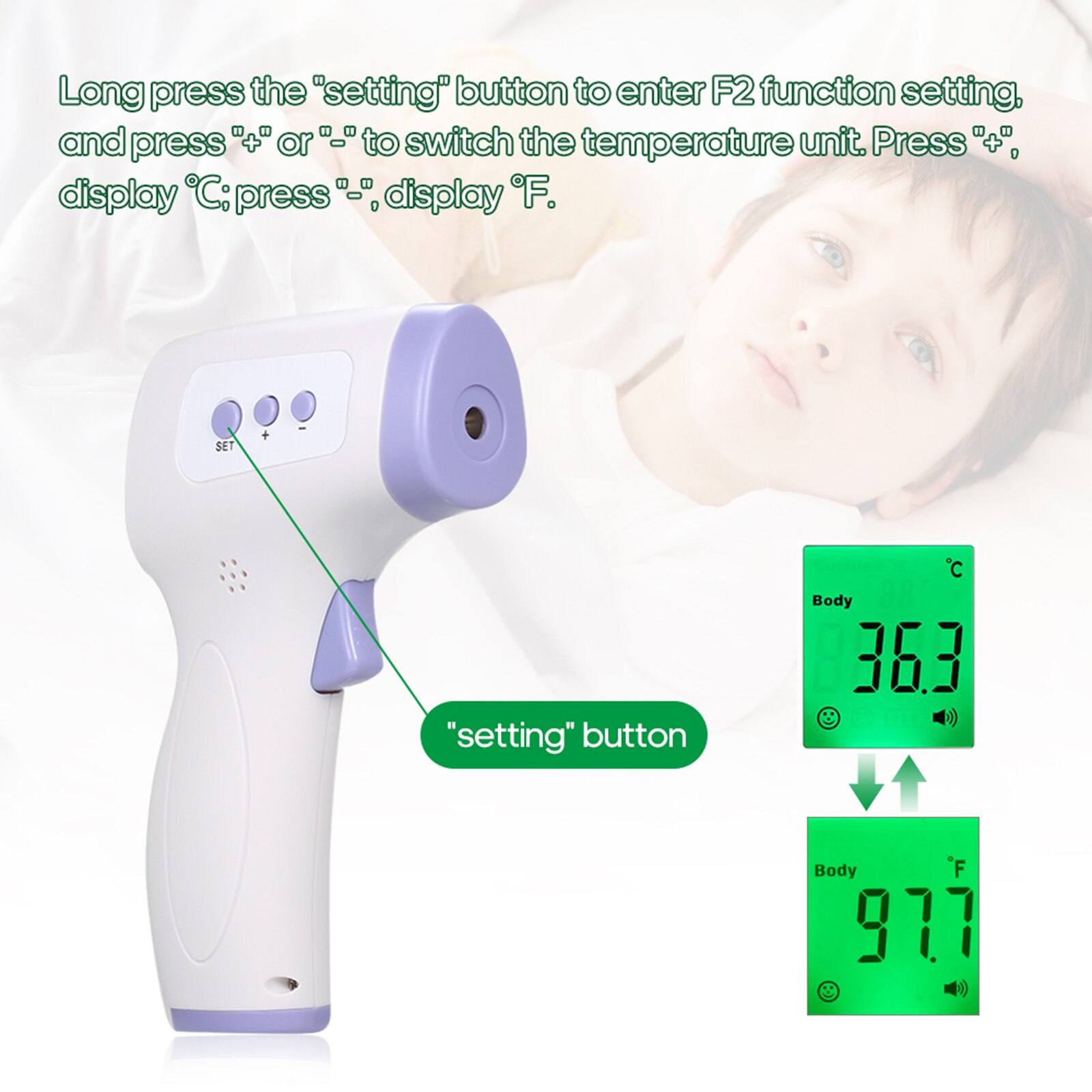 Non-contact IR Infrared Thermometer Forehead Temperature Measurement LCD Three Colors Backlight Digital Display Accuracy ±0.2℃