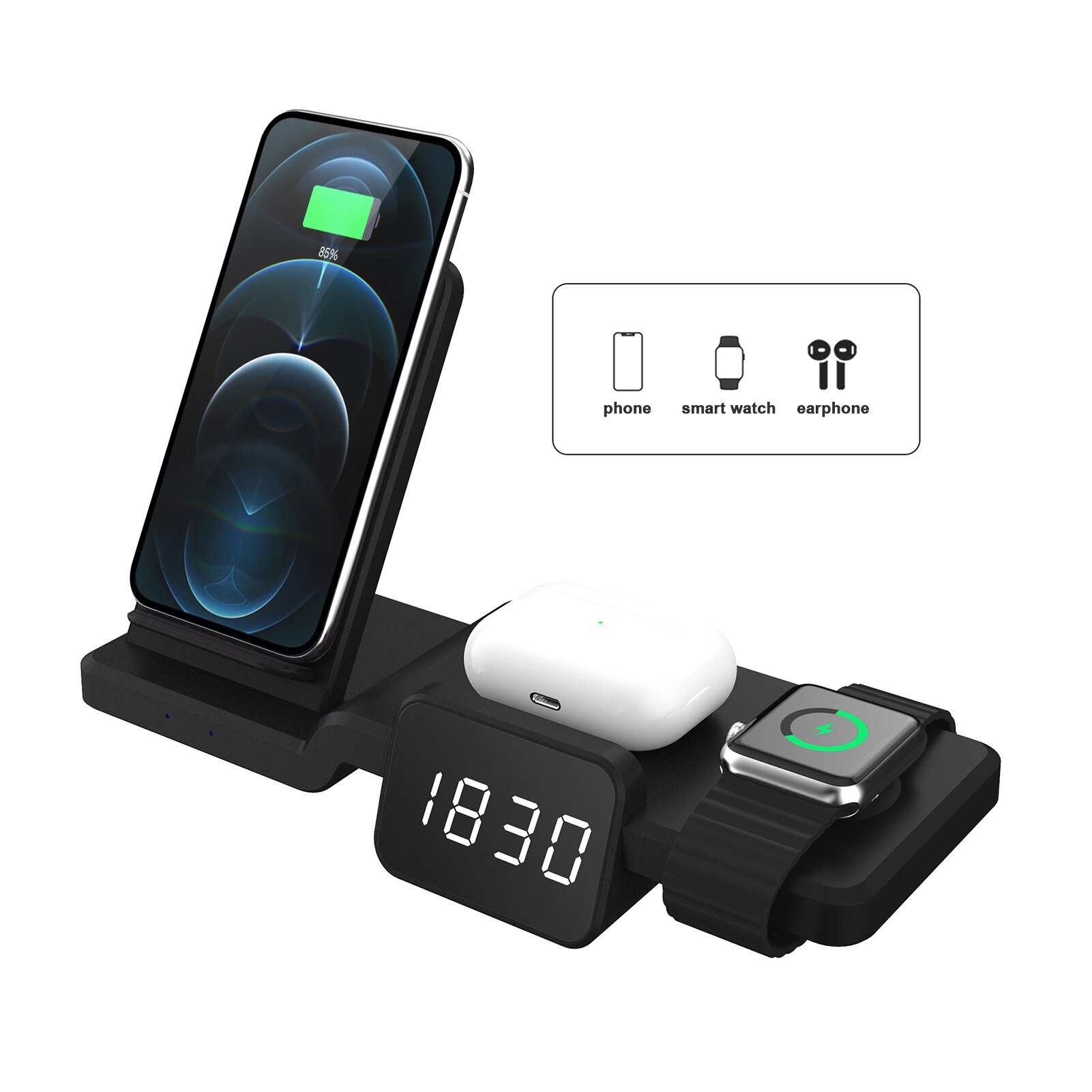 Newst Qi Wireless Charger Stand Charging Dock Station 3 In 1 Met Klok Voor Iphone 12 Xs X Voor Apple horloge 6 Airpods Pro Usb