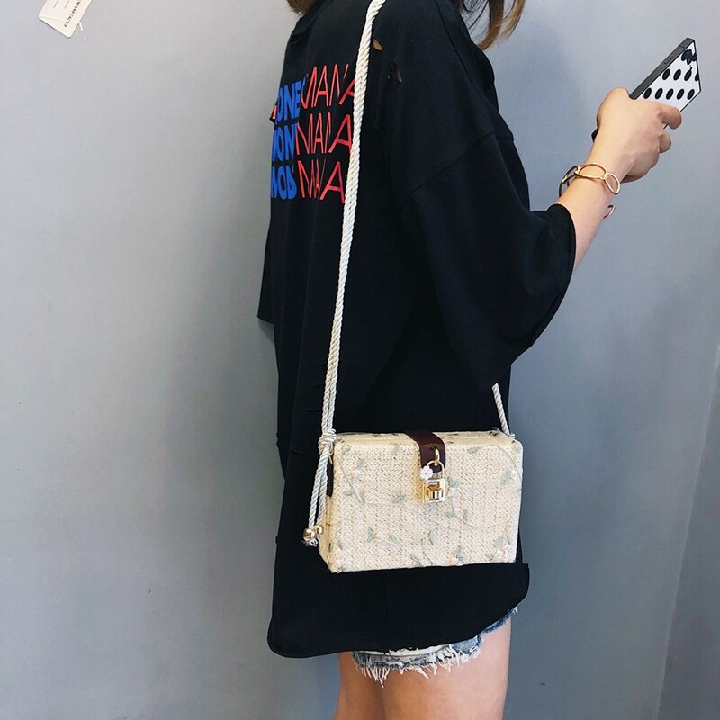 Strand rektangel boks bag rotting strå crossbody vesker bohemia veske shouldbag oss