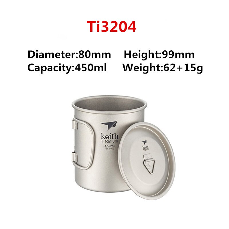 Keith titanium kopp titan vann krus sammenleggbart håndtak enkelt vegg kopp utendørs camping reise tur kopper med lokk 220ml-900ml: 450ml