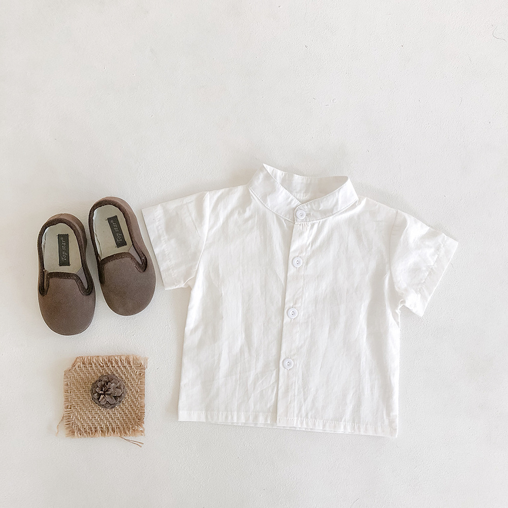 2022 roupas de bebê verão ins algodão pop xadrez estilingue + chapéu de sol + camisa de manga curta bebê menino terno de três peças separadas encomendas: White Shirt / 12-18M