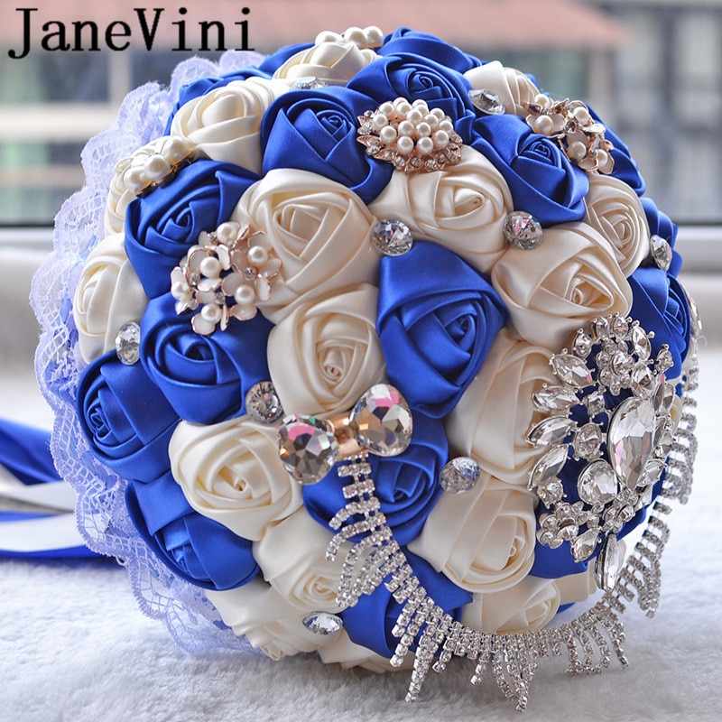 JaneVini Flores Boda Royal Blue Wedding Bridal Bouquet Luxury Crystal Beaded Bride Flower Bouquet Sposa Rhinestones Satin Brooch