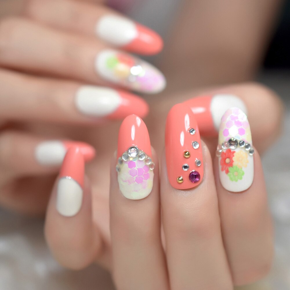 Long rond français acrylique faux ongles blanc Orange fleur faux ongles avec strass décoration presse sur ongles Z949