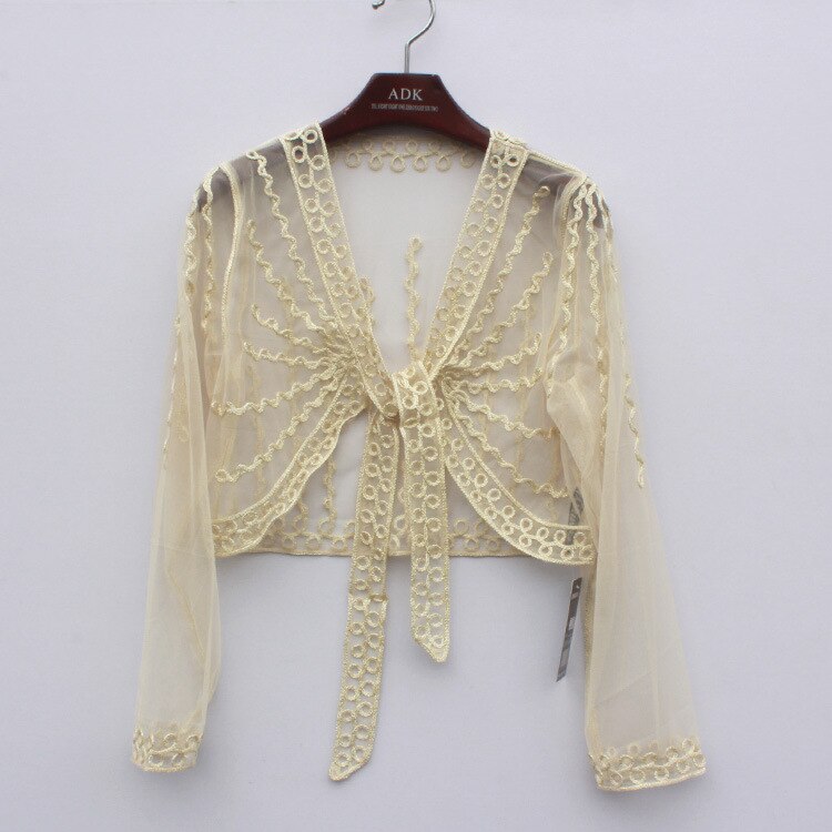 Zomer Vrouwen Kant Bolero Jas Schouderophalen Lange Mouw Korte Dunne Haak Borduren Gestreepte Vrouwelijke Shawl Vrouwen Vest Met Riem: beige