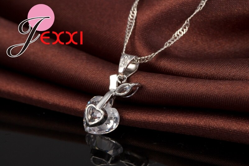 Romantische Crystal Heart Sieraden Set 925 Sterling Silver Cubic Zirkoon Cherry Ketting Oorbel Romantische Bruiloft Sieraden Set