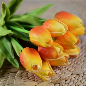 10 ks modrozelené tulipány umelé kvety skutočný dotyk pu artificiales para decora kytica domov svadobná výzdoba umelé kvety: Oranžová 15