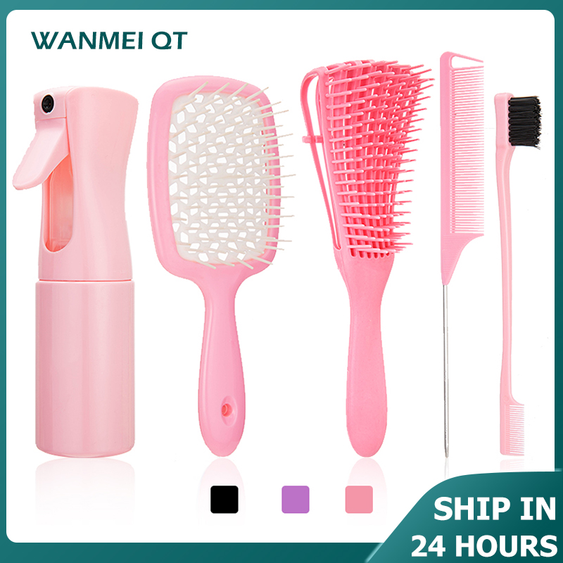 5 unids/set cepillo para desenredar el cabello, cepillo para peluca rosa, peine de cola de rata curvada, cepillo para el cabello con borde, cepillo para el cabello rizado, suministros de peluquería