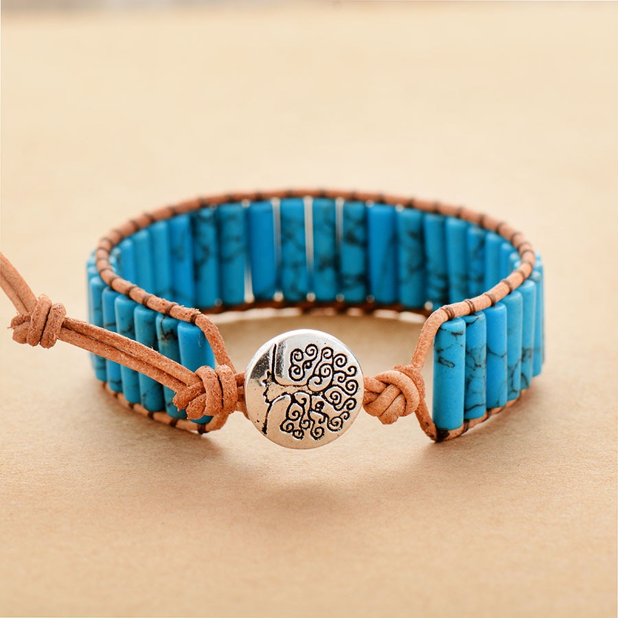 Ethnic Femme Bracelet For Lover Semi Precious Stone Single Leather Wrap Bracelet Beads Couples Bracelet Jewelry