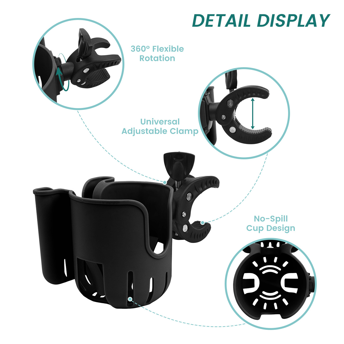 Universele 2-in-1 kinderwagen bekerhouder, 360 graden draaibare klem voor babyfles & mobiele telefoonhouder, kinderwagen accessoire