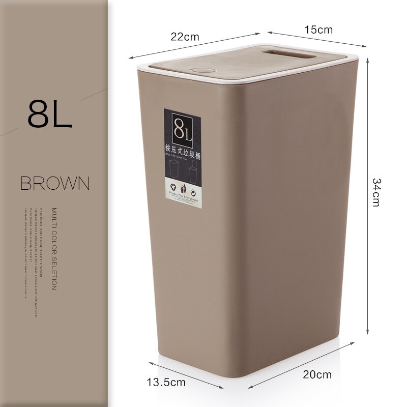 8L de basura de plástico estrecha tipo de prensa cocina, aseo residuos Bin habitación cuarto de baño cesto con tapa cubo basura doméstico: Ljt-8 Brown 8L