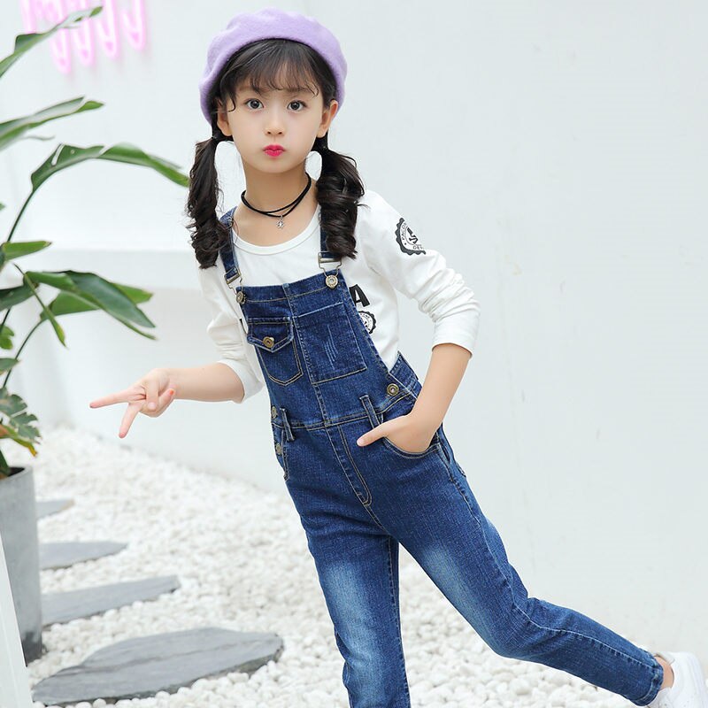 Primavera Otoño, pantalones vaqueros con tirantes para niñas, pantalones vaqueros estilo peto, Mono vaquero para niñas adolescentes, pantalones con tirantes informales 5-14T