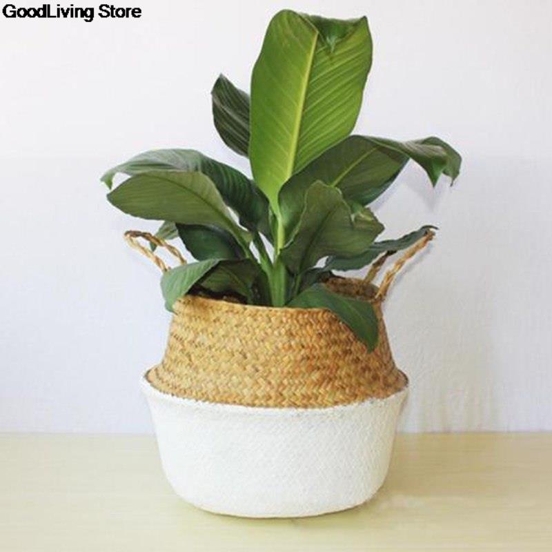 1PC słomka rattanowa kosz wiklinowy trawa morska składany pralnia kwiat kwiatek doniczkowy wazon dom ogród wiszący kosz dekoracje ślubne: biały