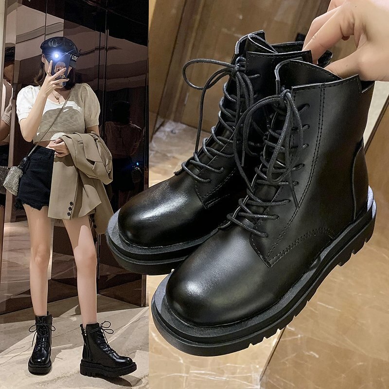 Botas de plataforma plana con cordones para mujer, zapatos de de lujo con punta redonda, media pantorrilla de cuero de goma a media pantorrilla