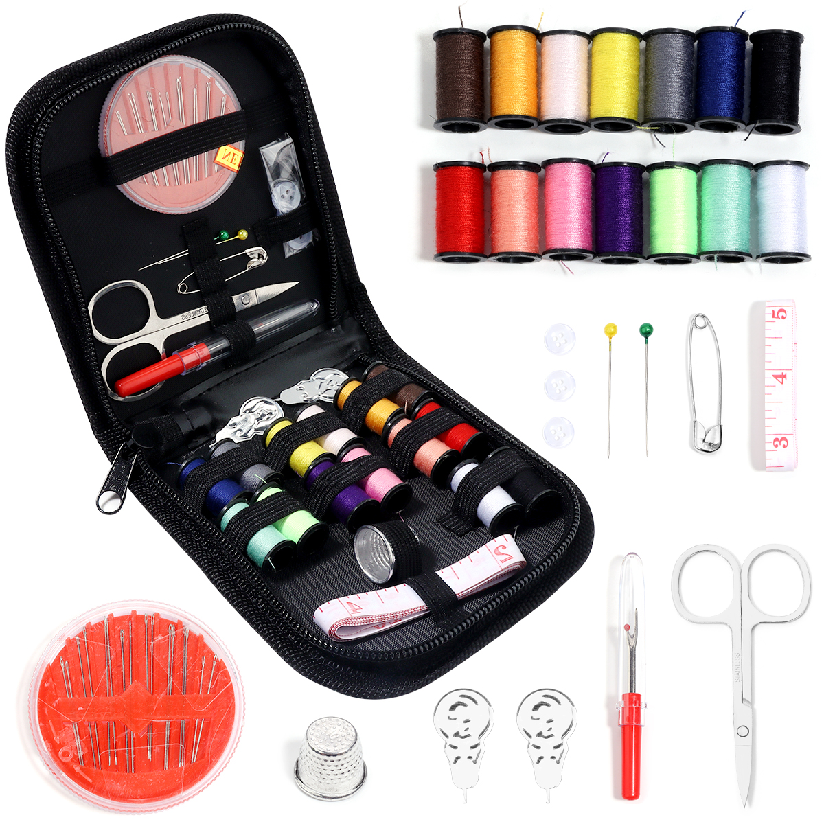 Kit de costura completo con hilos, agujas, tijeras, cinta métrica, botones, portátil, viaje, DIY, bordado, trabajo hecho a mano, conjunto de herramientas de costura