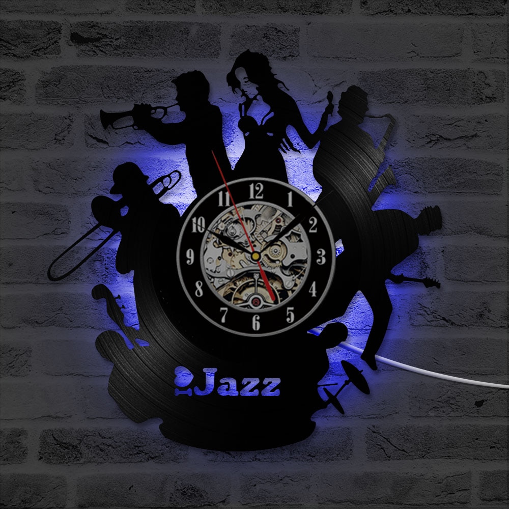 Jazz Black Vinyl Record Hanging Wall Clock Hollow CD Record Wall Clock Antique Hanging LED Clock Home Decor Handmade