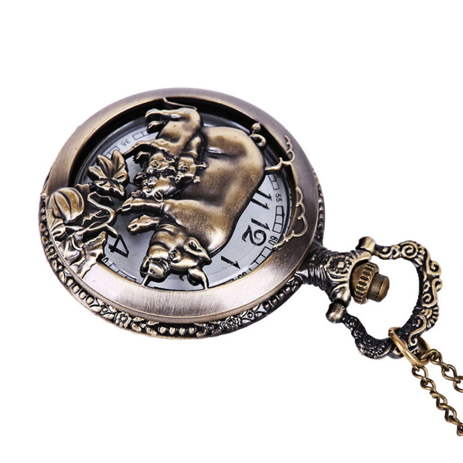 Chinese Antique Twelve Animals Pocket Watch Round Mirror Men Women Pig Animal Antique Pocket Watch Alloy Quartz Pocket Watch