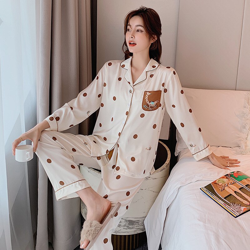 ChunShang Women's Spring And Autumn Long-Sleeved Ice Silk Thin Two-Piece Suit V-Neck Pajamas Home Service