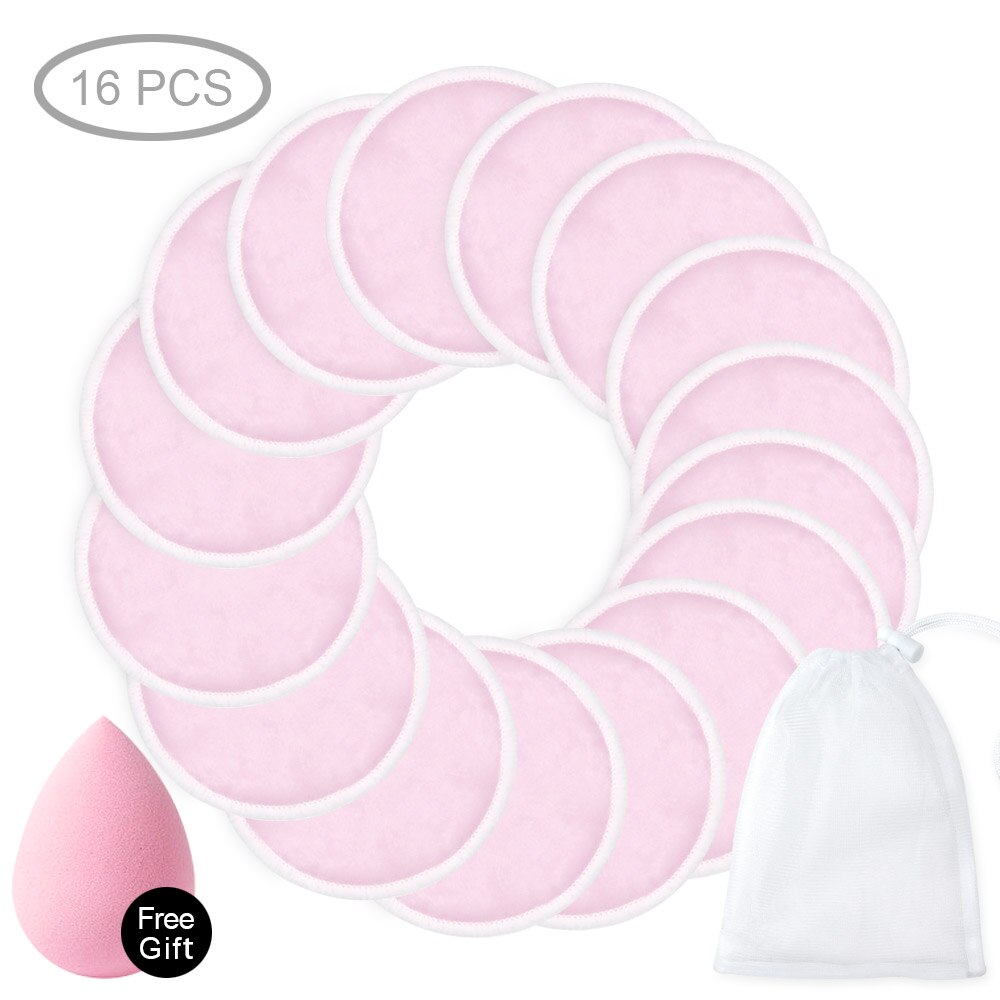Wasbare wattenschijfjes, herbruikbare make-upremover, wasbare reinigingsdoekjes van katoen voor het gezicht, zachte bamboe, drie lagen gezichts- en huidverzorging: 16 stuks roze met zakje