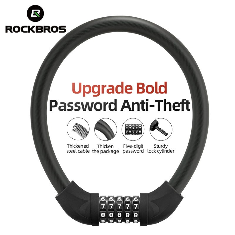 ROCKBROS Bike Lock Steel Five-digit Code Anti-theft 1.72CM Bold Cable Password Lock PVC Wrapped Lock MTB Road Bike Accessories