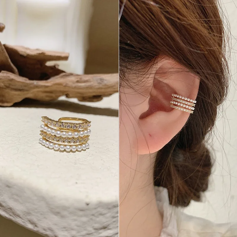 Boucles d'oreilles à Clip en perles Double couche pour femmes et filles, nouvelle coréenne, Clip de manchette d'oreille en Zircon de luxe sans piercing, bijoux: Couleur jaune clair