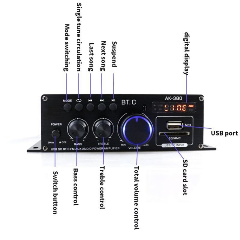 AK380 12V 400W + 400W Power Amplifier Audio Karaoke Home Theater Amplifier 2 Channel Bluetooth Mini Amplifier USB/SD AUX Input