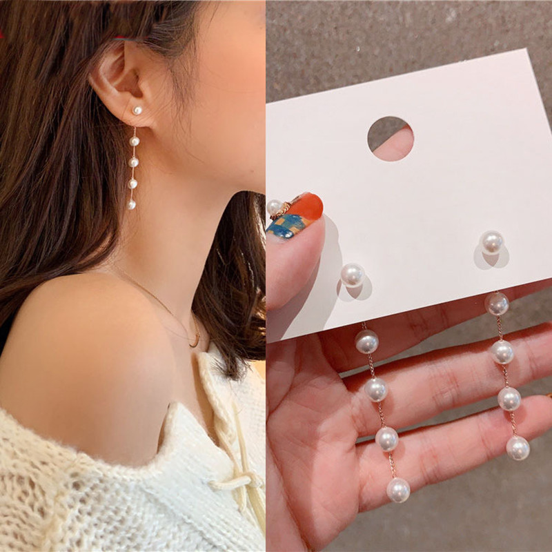 Pendientes largos de perlas de imitación para mujer, aretes colgantes de boda de perlas redondas blancas, joyería coreana,