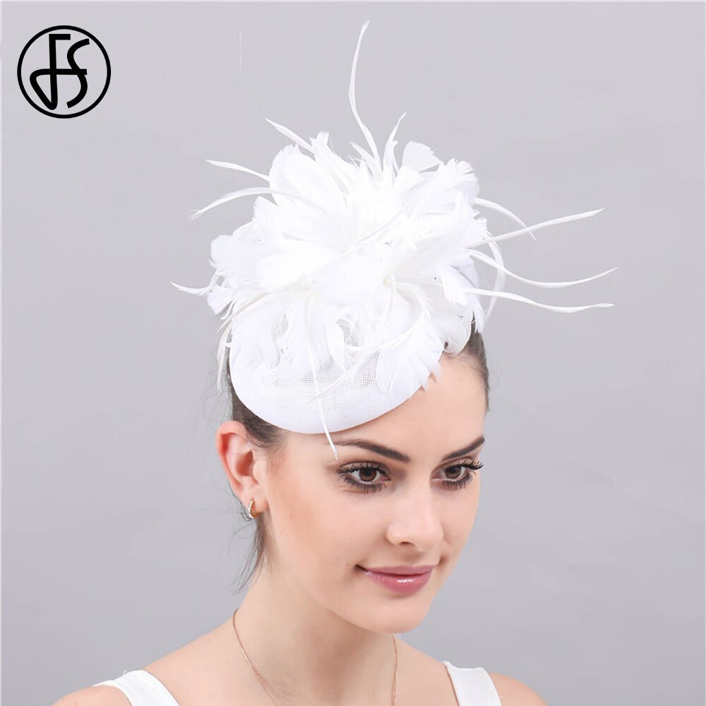 Fs Vrouwen Hoeden Vlas Wit Tovenaar Hoed Voor Bruiloft Cocktail Elegante Vrouwelijke Britse Dame Kerk Veer Hoeden Derby Fedora