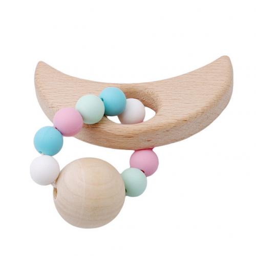 Houten Dier Maan Vormige Armband Siliconen Kralen Rammelaar Baby Kinderziektes Speelgoed: Moon