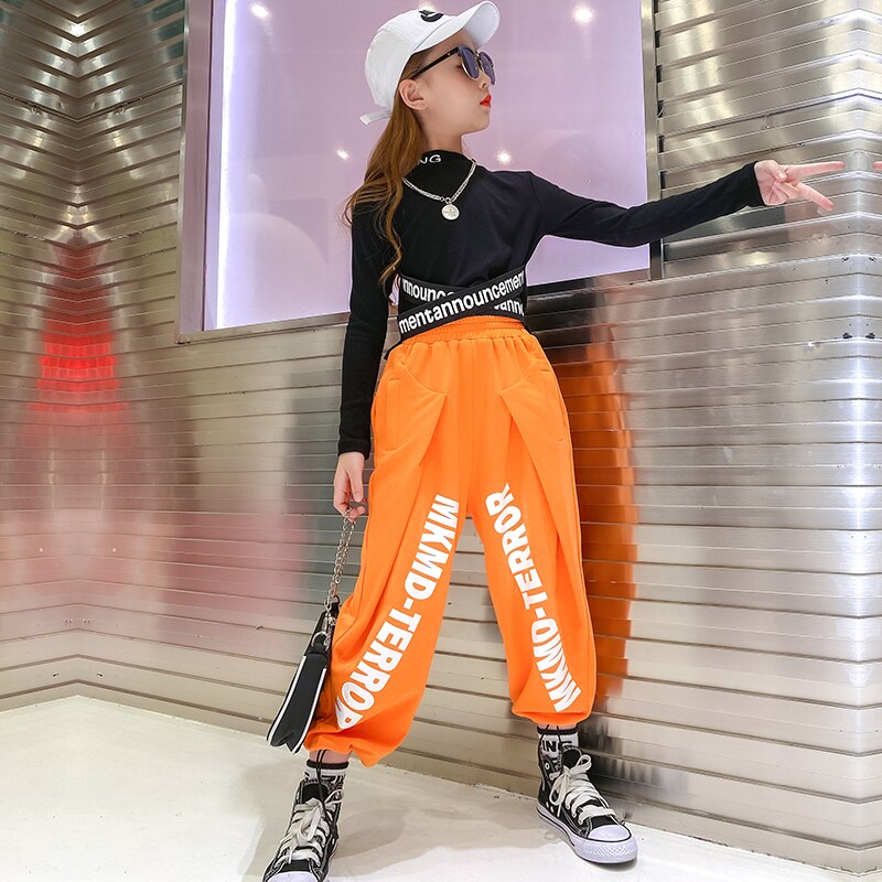Girls' Jazz Dance Tops Loose Street Dance Orange Pants Long Sleeves Hip Hop Clothing Children Performance Rave Clothes BL4811