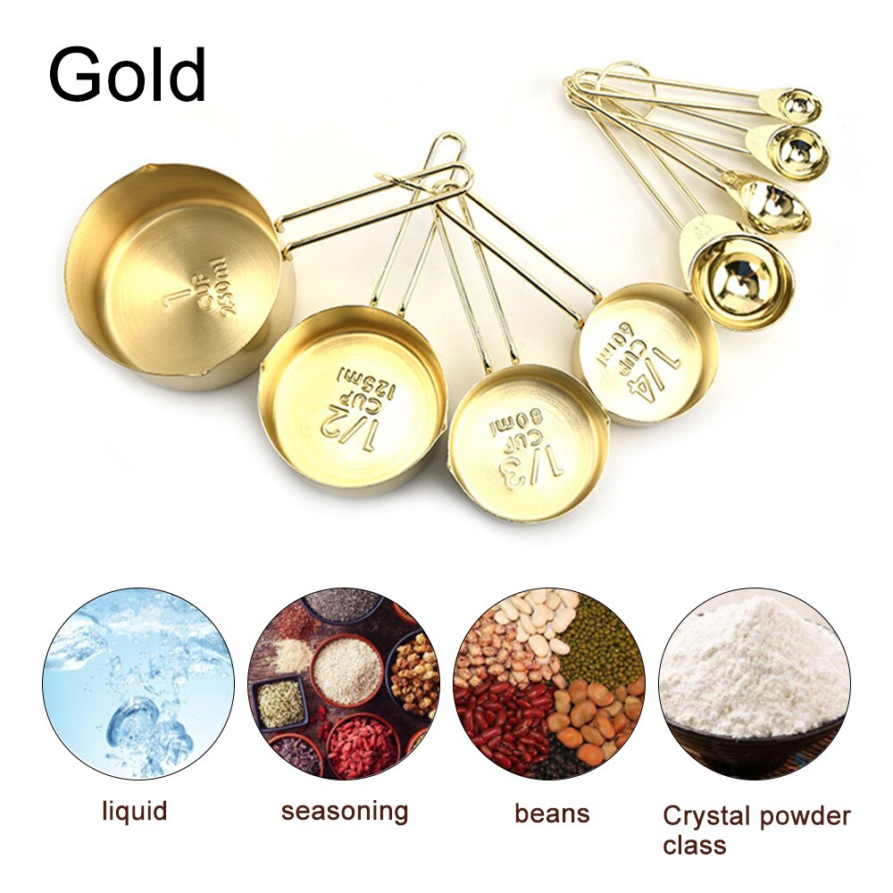 8PCS/Set Stainless Steel Measuring Spoon Set with Scale Rose Gold Measurement Tea Coffee Measuring Tool Accessories Baking: Gold