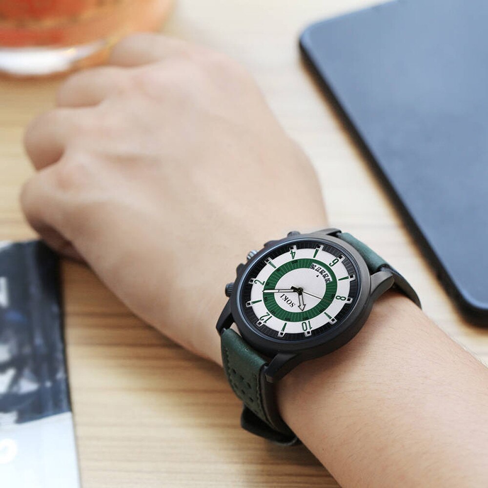 Mode Heren Horloges Luxe Mode Silicagel Lederen Heren Glas Quartz Analoge Datum Horloges Ronde Geval Quartz Horloge