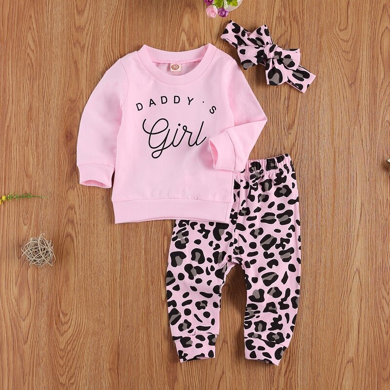 Spædbarn børn baby piger 3 stk outfit sæt langærmet brev t-shirt leopard bukser pandebånd forår efterår tøj