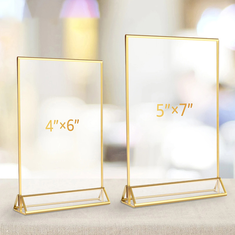 Transparenter Acryl-Beschilderungsständer, vielseitig einsetzbar, doppelseitig, goldener Rahmen, Hochzeit, Nummernschild, Tischflyer, Menü, Kartenständer