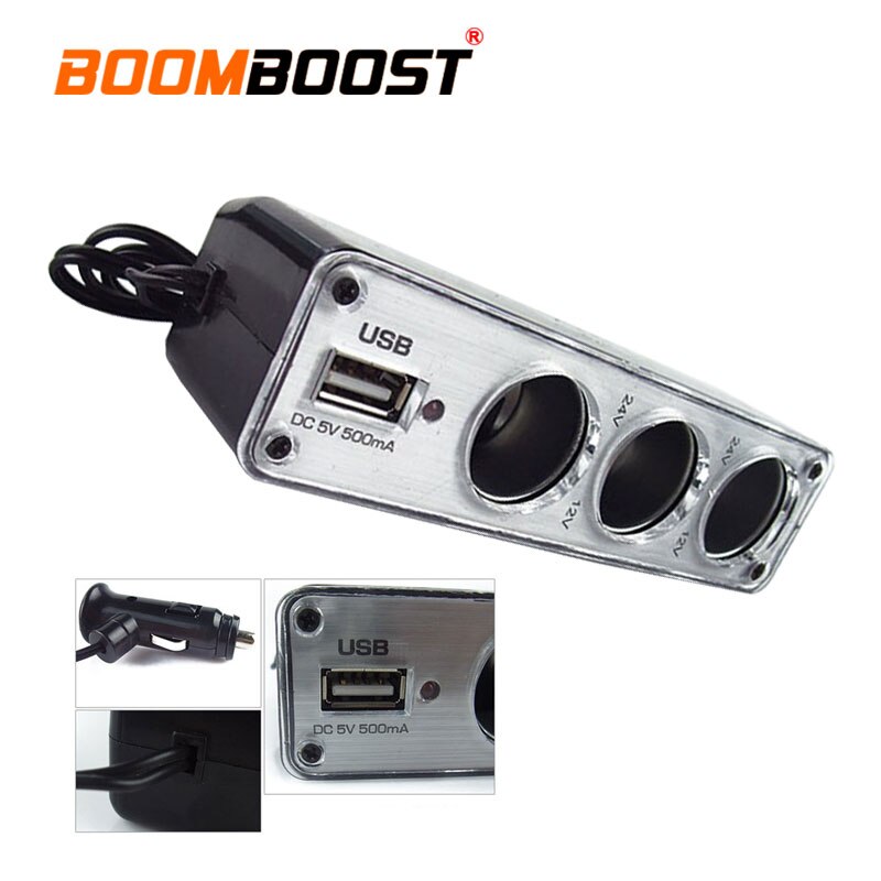 Car Cigarette Lighter 3 Way Auto Socket Splitter 12V Triple socket with one USB Charger Power Adapter Plug DC 12V