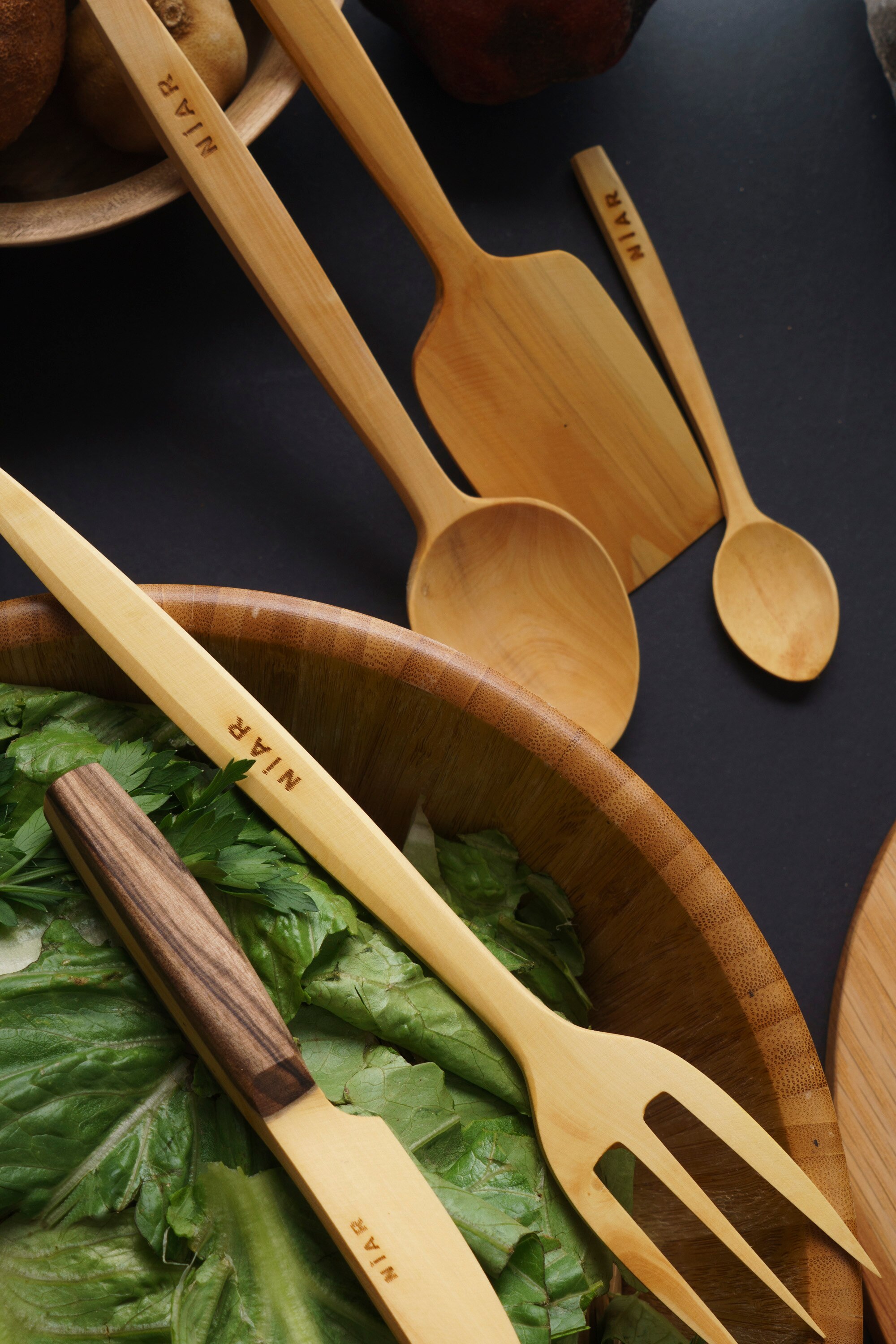 NIAR Wooden Utensil Set - 7 Piece Set Cooking Set - Handmade Kitchen Utensils Set Natural Dinner Spoon, Spatula, Vegetable Knife