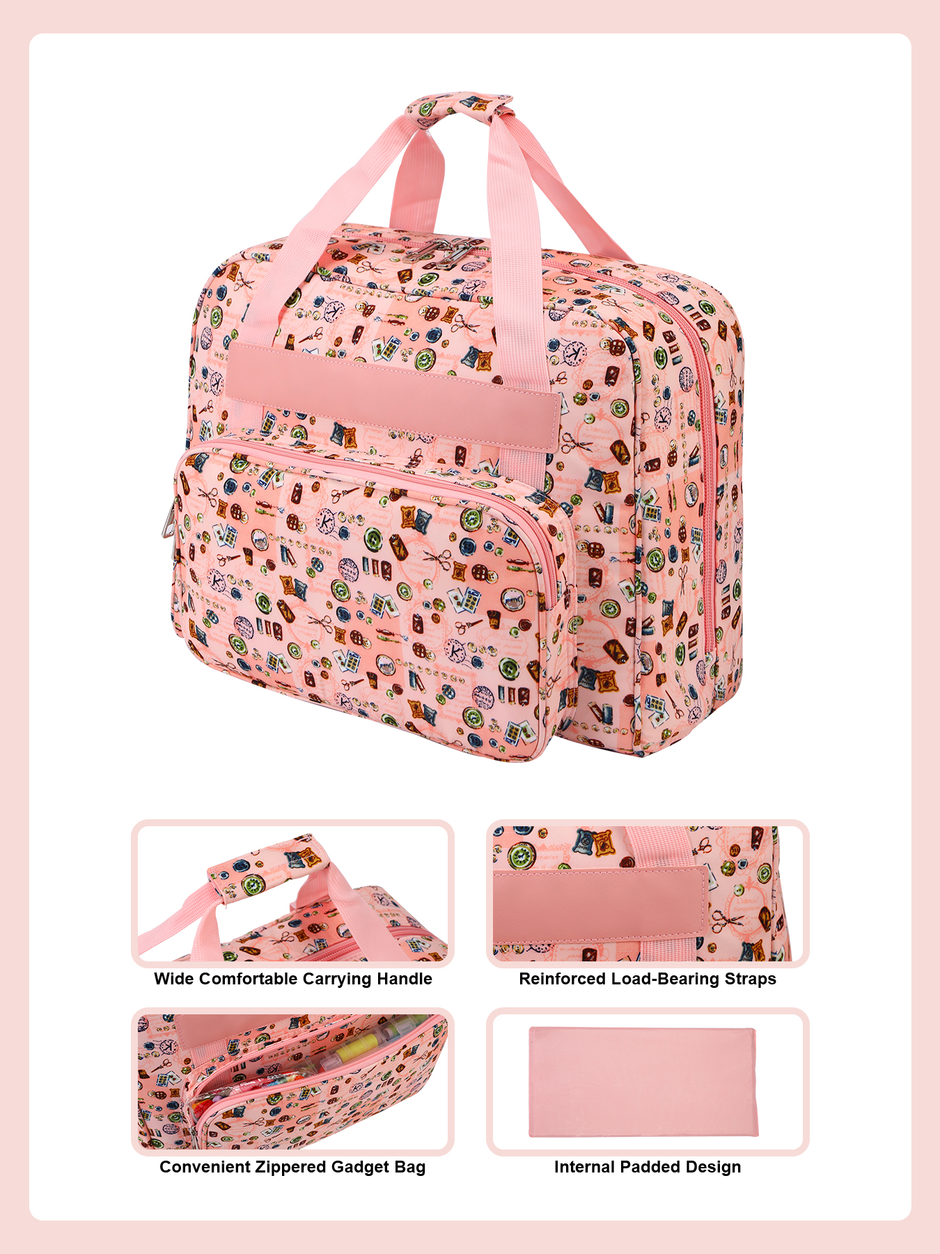 Bærbar symaskinveske med trekkstang, innstikkslommer for reise og et verktøysett for strikke- og sytilbehør