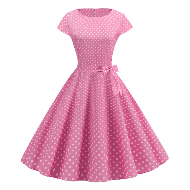 Vintage Kleid Damen Sommer Kurzarm Polka Dot Midi Casual Büro Partykleid 50er 60er Pin Up Rockabilly Kleider