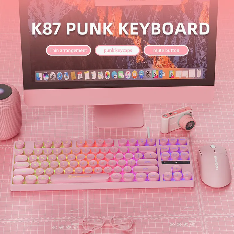 Komputerowe klawiatury przewodowe 87 klawiszy punk Keycap Ciche pisanie Podświetlana RGB biurowa multimedialna klawiatura robić gier dla okna laptop PC prochowiec