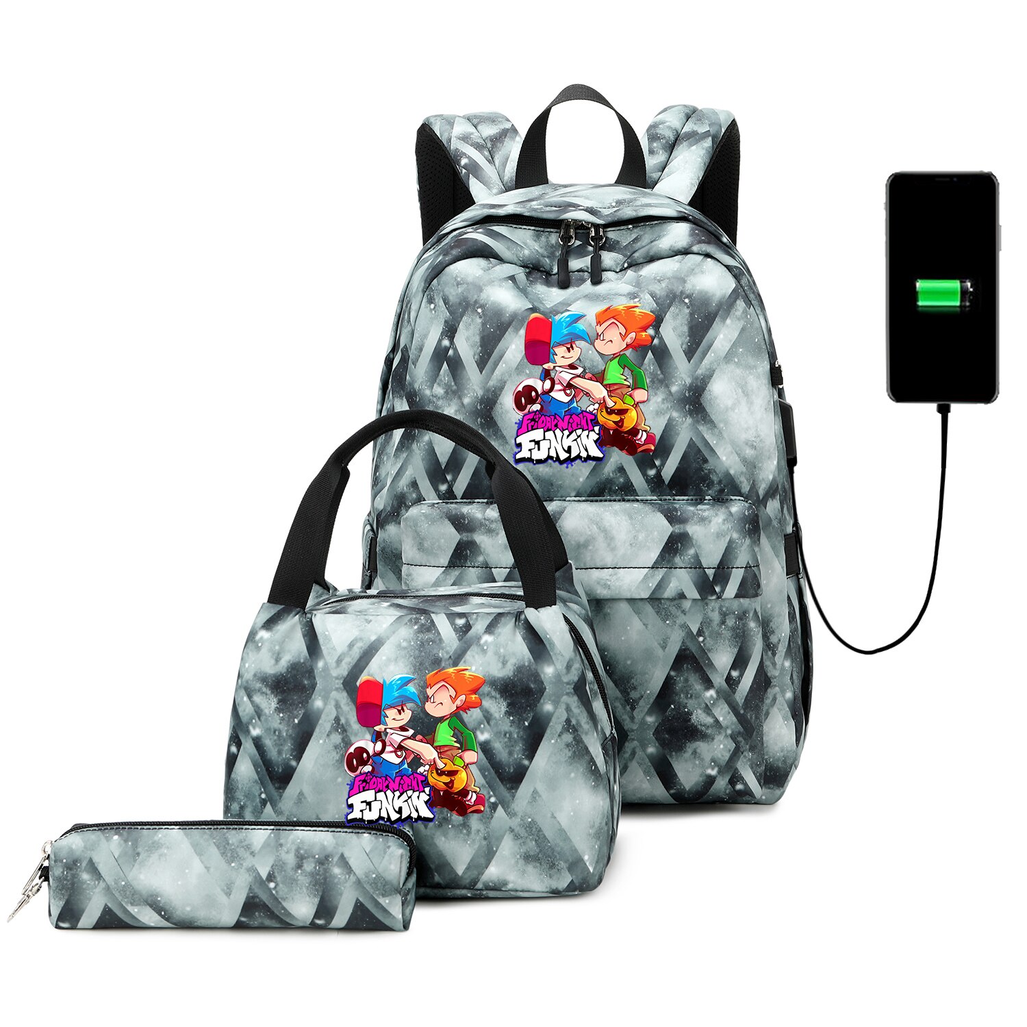 Funkin-mochilas escolares para adolescentes, niños y niñas, juego de Mochila de viaje con carga USB, bolsa de libros para estudiantes, Juego de 3 unids/set: 015