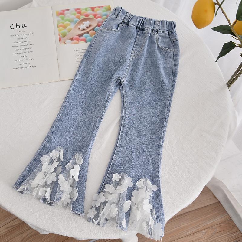 Pantalones vaqueros para niña de 3 a 12 años, pantalón acampanado, ropa de primavera, pantalón informal, pantalón largo de perlas para bebé: b / 110cm 4T
