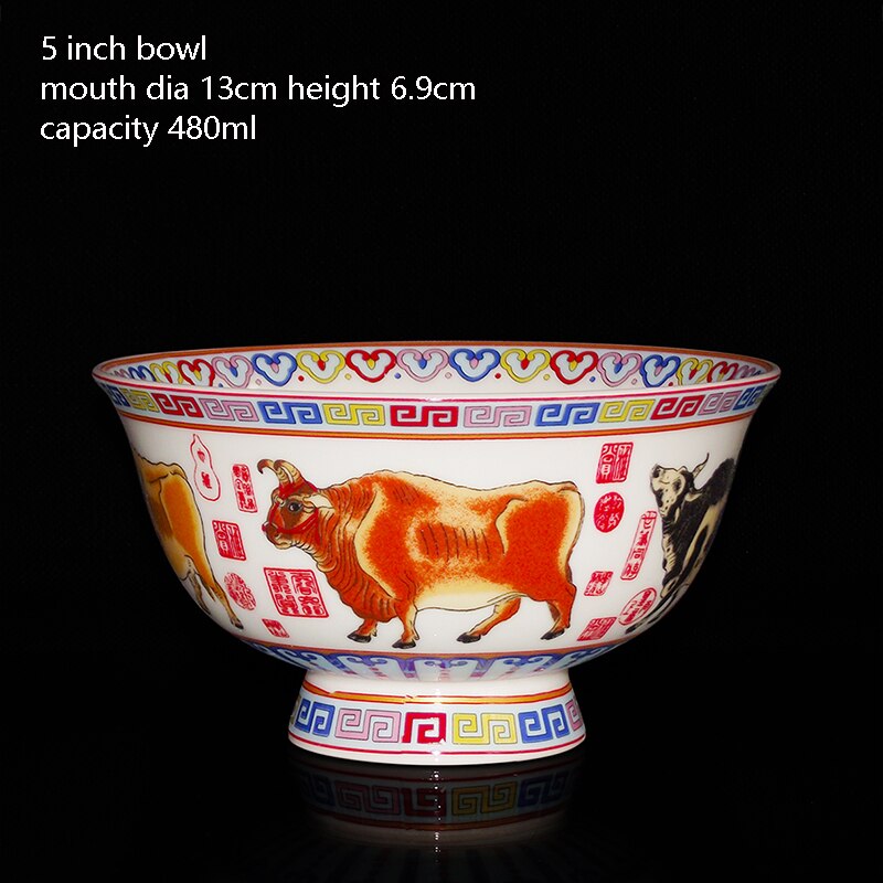 Jingdezhen Bone China Porcelain Bowl Five Oxen High Grade Auspicious Ceramic Bowl Rice Bowl Noodles Bowl Vegetable Bowl: dia 13cm white
