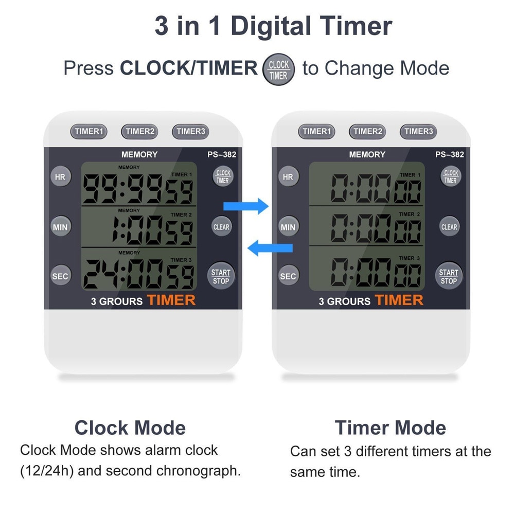 Triple Count Digital Timer Practical Clock Gadgets Tools CookingDown Kitchen LCD Display Magnetic Loud Alarm Multifunction