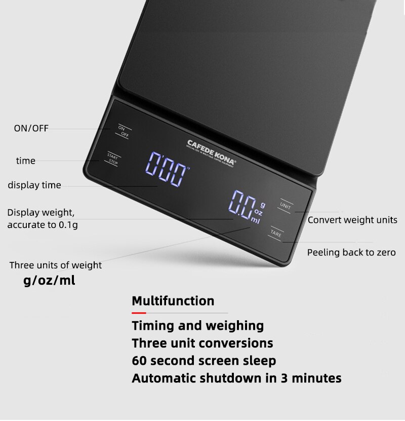 Cafetera KONA-báscula de café con temporizador, balanza Digital LED de alta precisión con goteo electrónico, para cocina, 0,1g/3kg