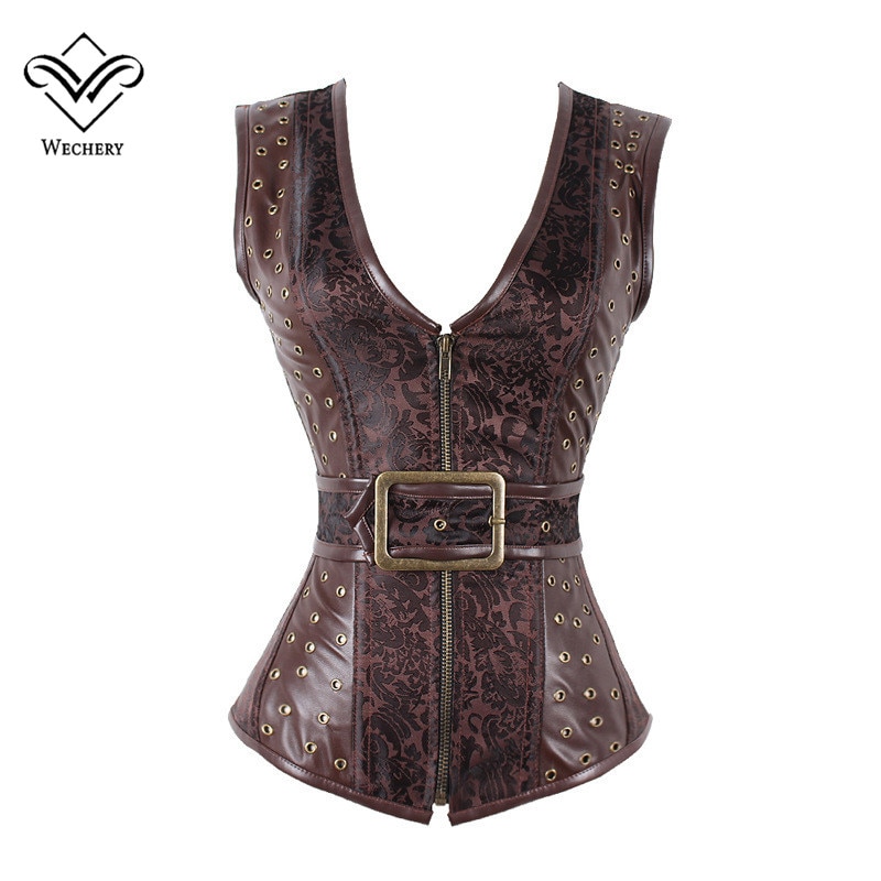 Wechery Brown Steampunk Corset Gothic Clothing Sexy Jacquard PU leather Steel Boned Zip Buckle Corsets And Bustiers