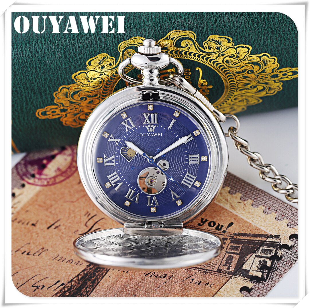 OUYAWEI Luxury Golden Moon Phase Mechanical Pocket Watch Roman Number Tourbillon Dial Pendant Chain Men Women