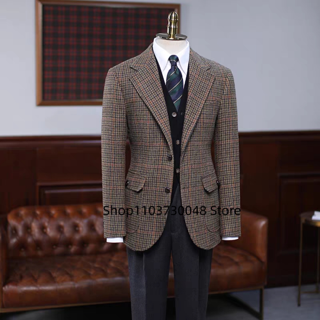 Braune Hahnentritt-Anzugjacke für Herren, Wollblazer, Smoking-Mantel für Abschlussball, Party, einreihig, zwei Knöpfe, Business-/Hochzeitsjacke: S